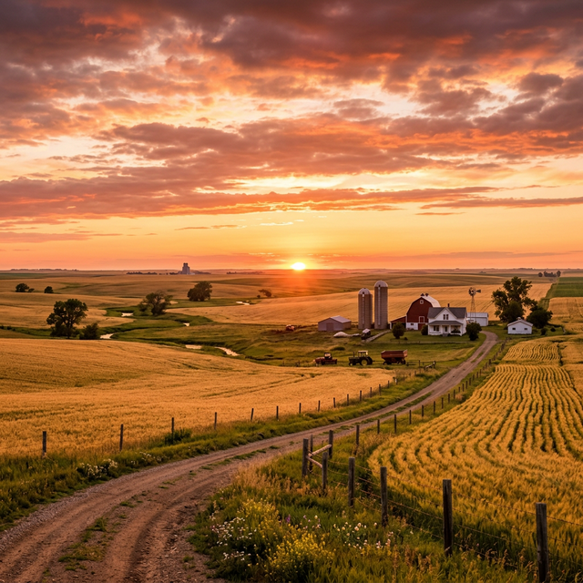Sunset over farmland